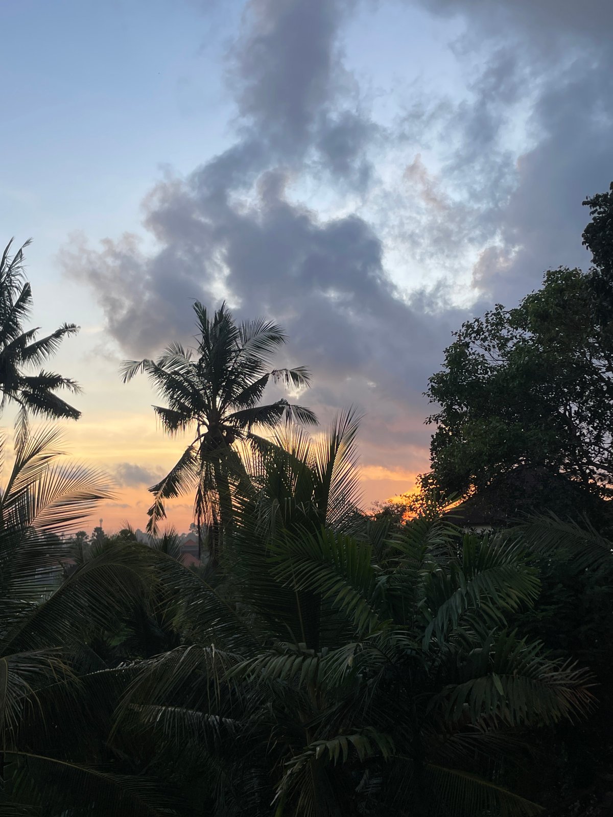 Storm clouds meet orange sunset in Ubud, Indonesia