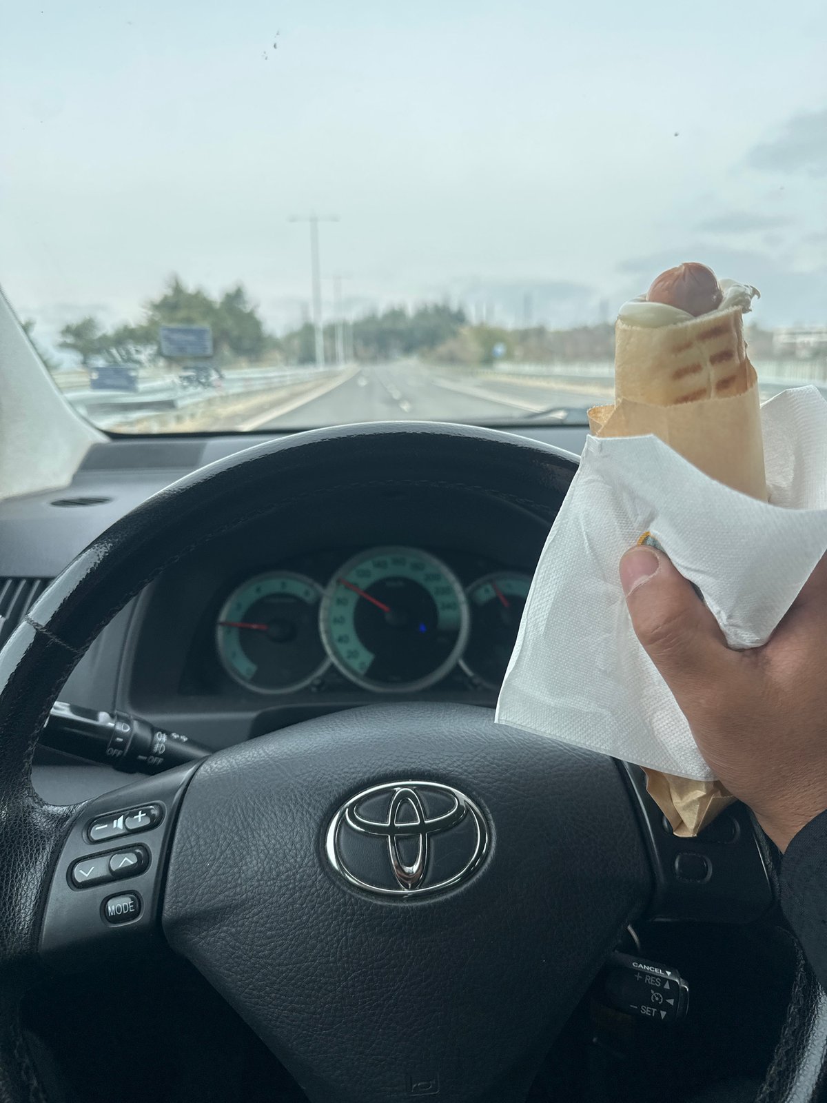 Driver eats hot dog while driving on Bulgarian highway
