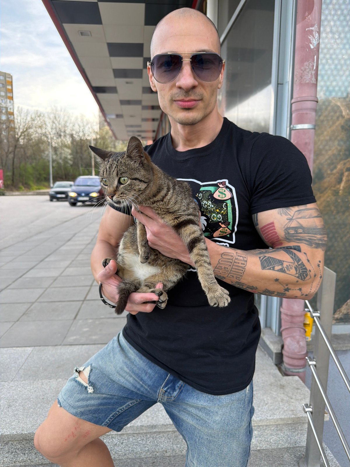 Man holds tabby cat on street in Pleven, Bulgaria