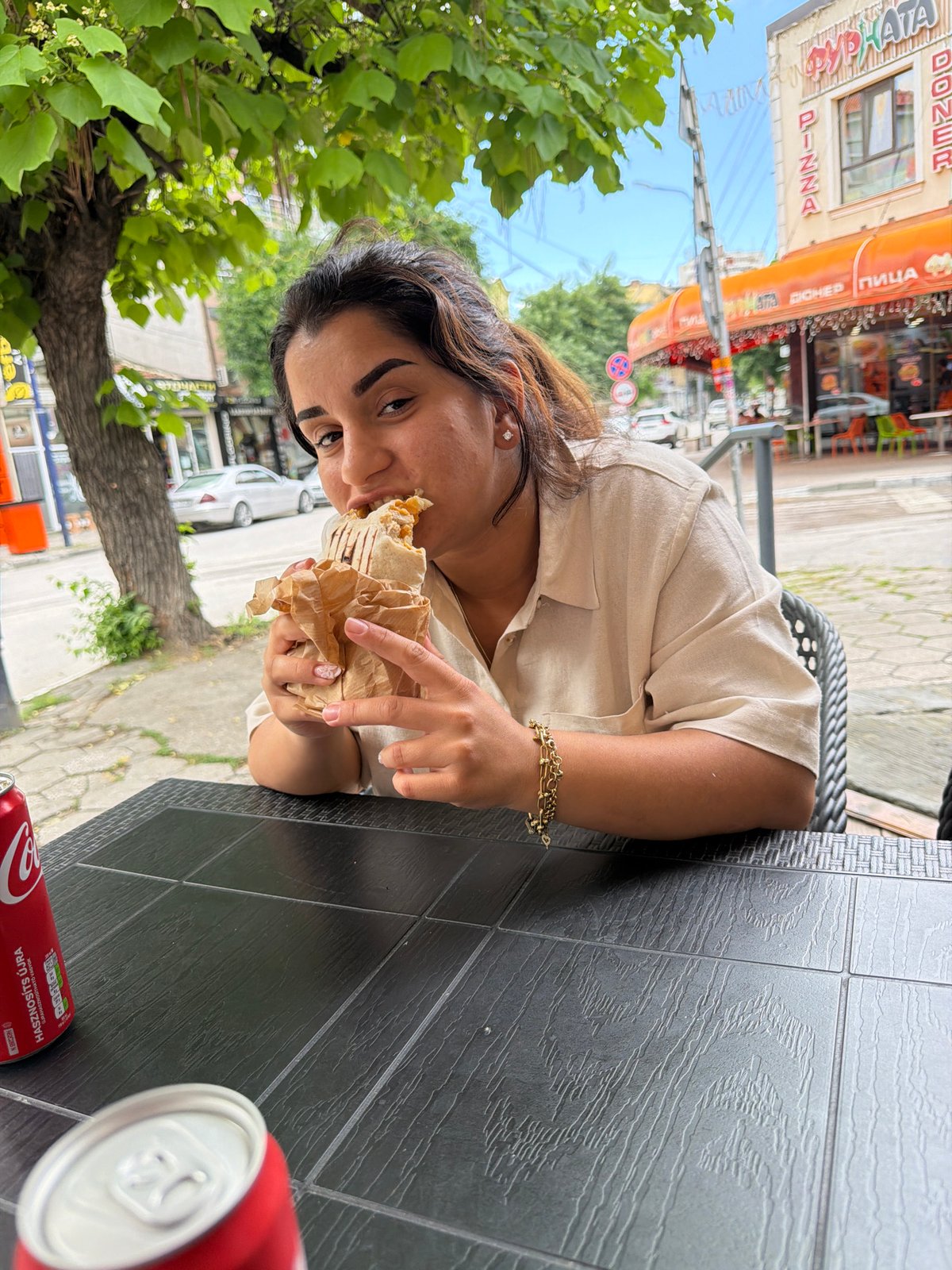 Casual outdoor lunch shared at Pazardzhik street cafe