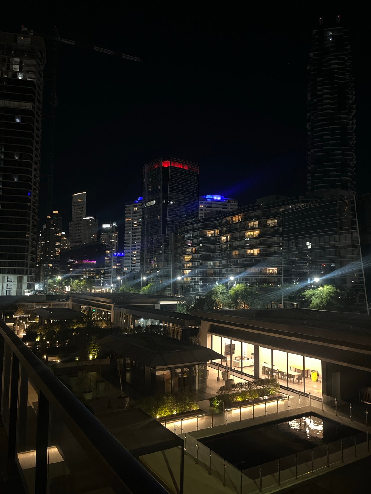 Buenos Aires skyline photographed from balcony at night