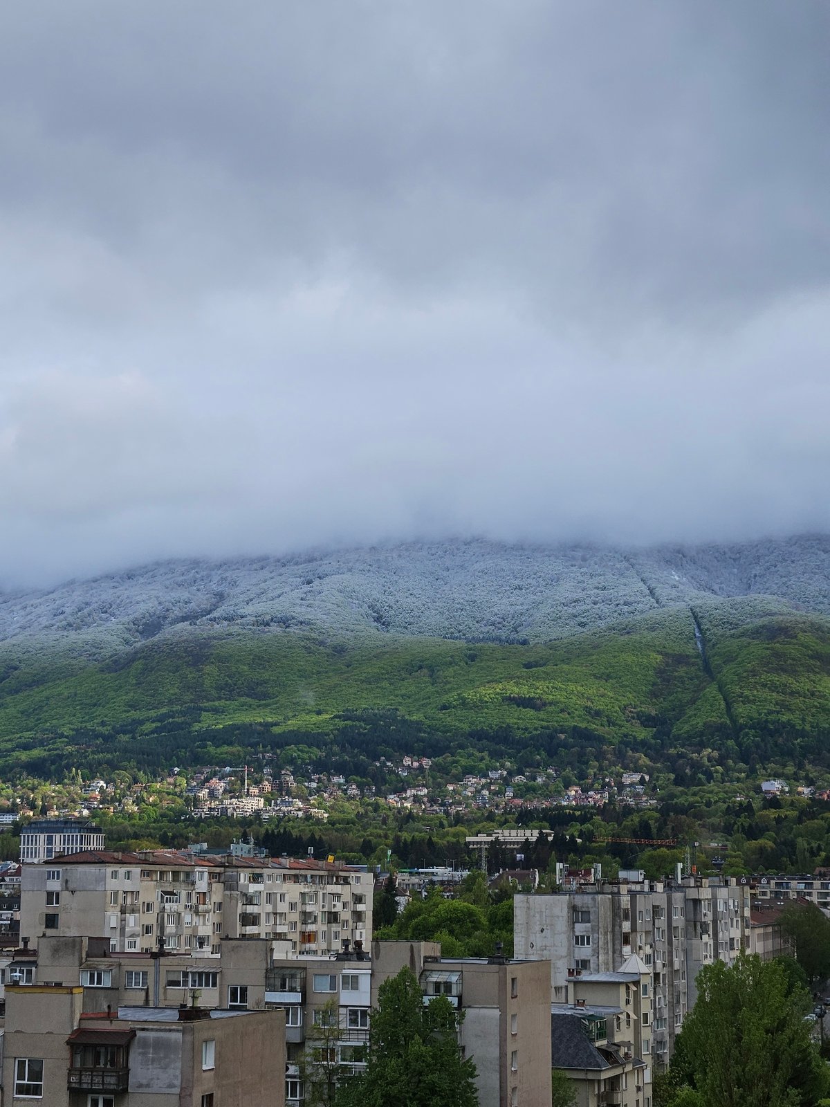 Sofia cityscape photographed with mountains under overcast skies