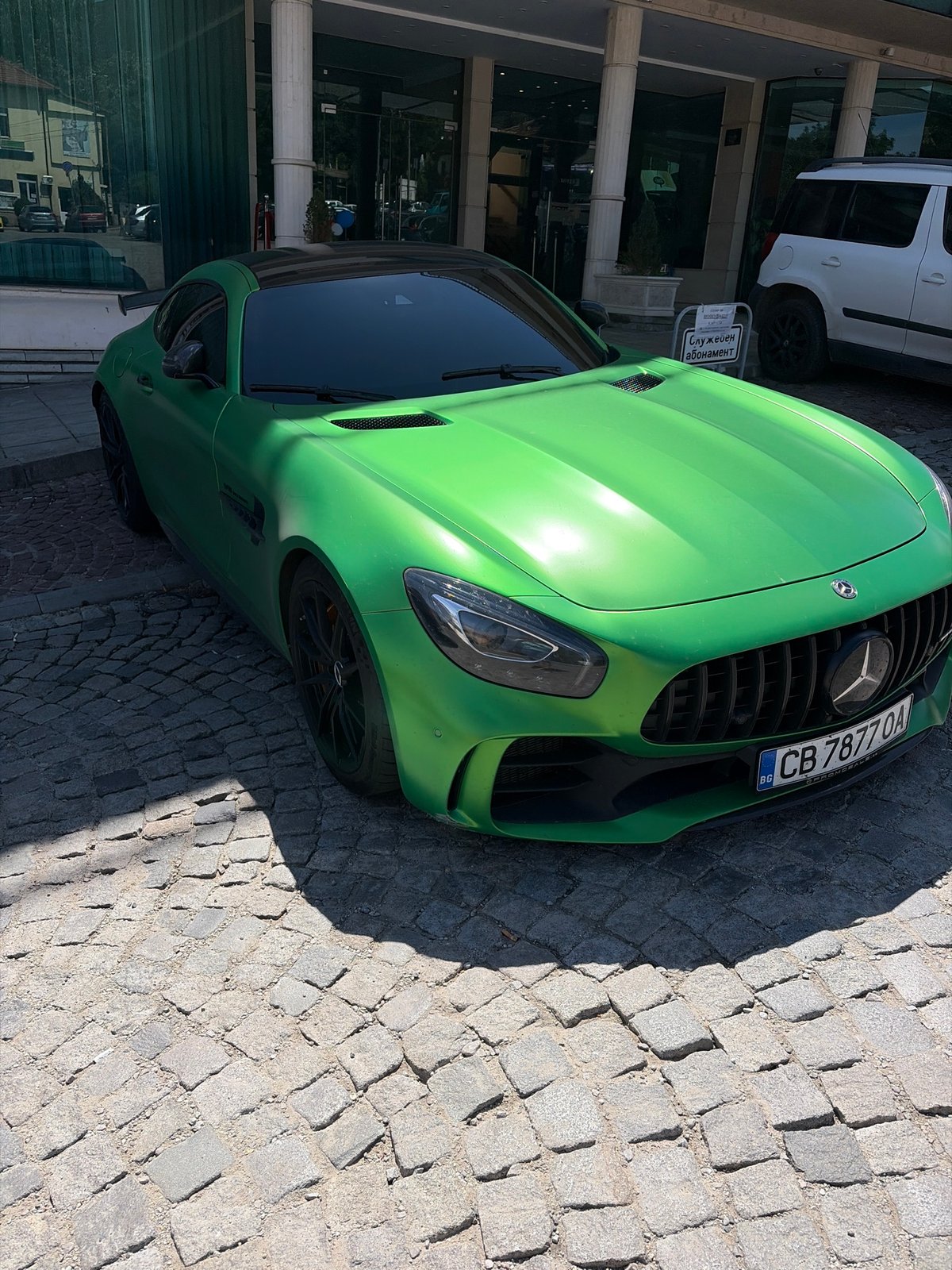 Green Mercedes AMG GT spotted on Sofia cobblestone street