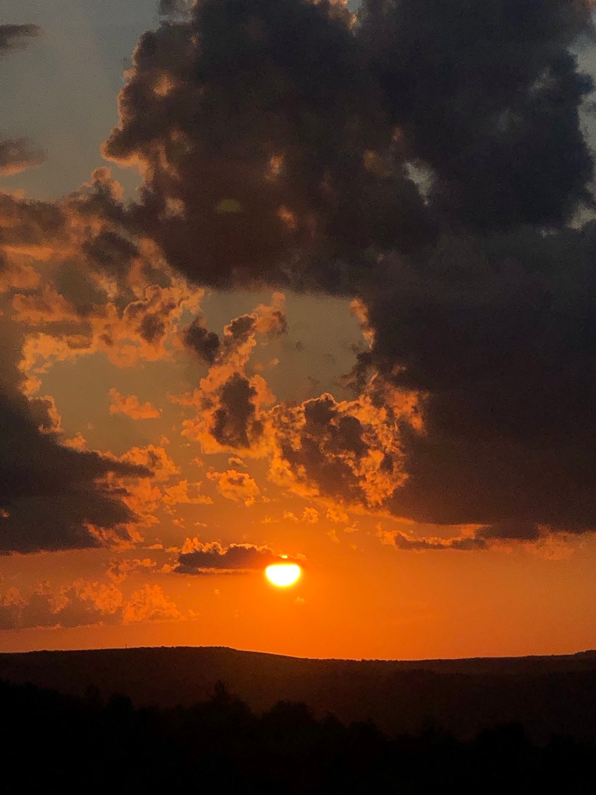 Dramatic sunset displays vibrant oranges and reds over forested landscape