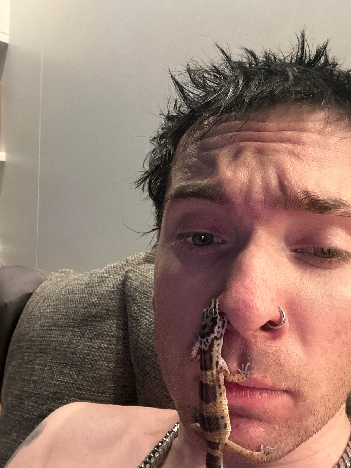 Person poses with gecko on face in Khimki