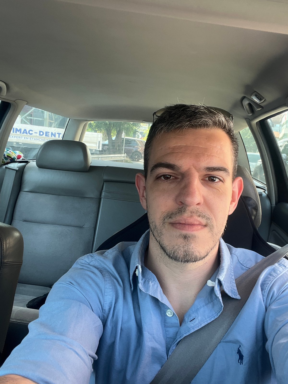 Driver takes selfie in car in Sofia, Bulgaria