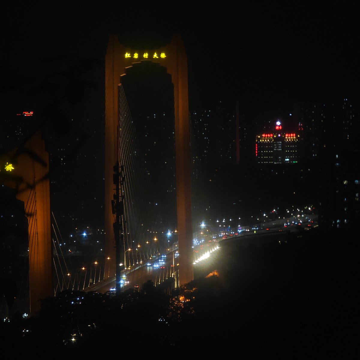 Illuminated Hongyan Village Bridge displays Chinese characters at night