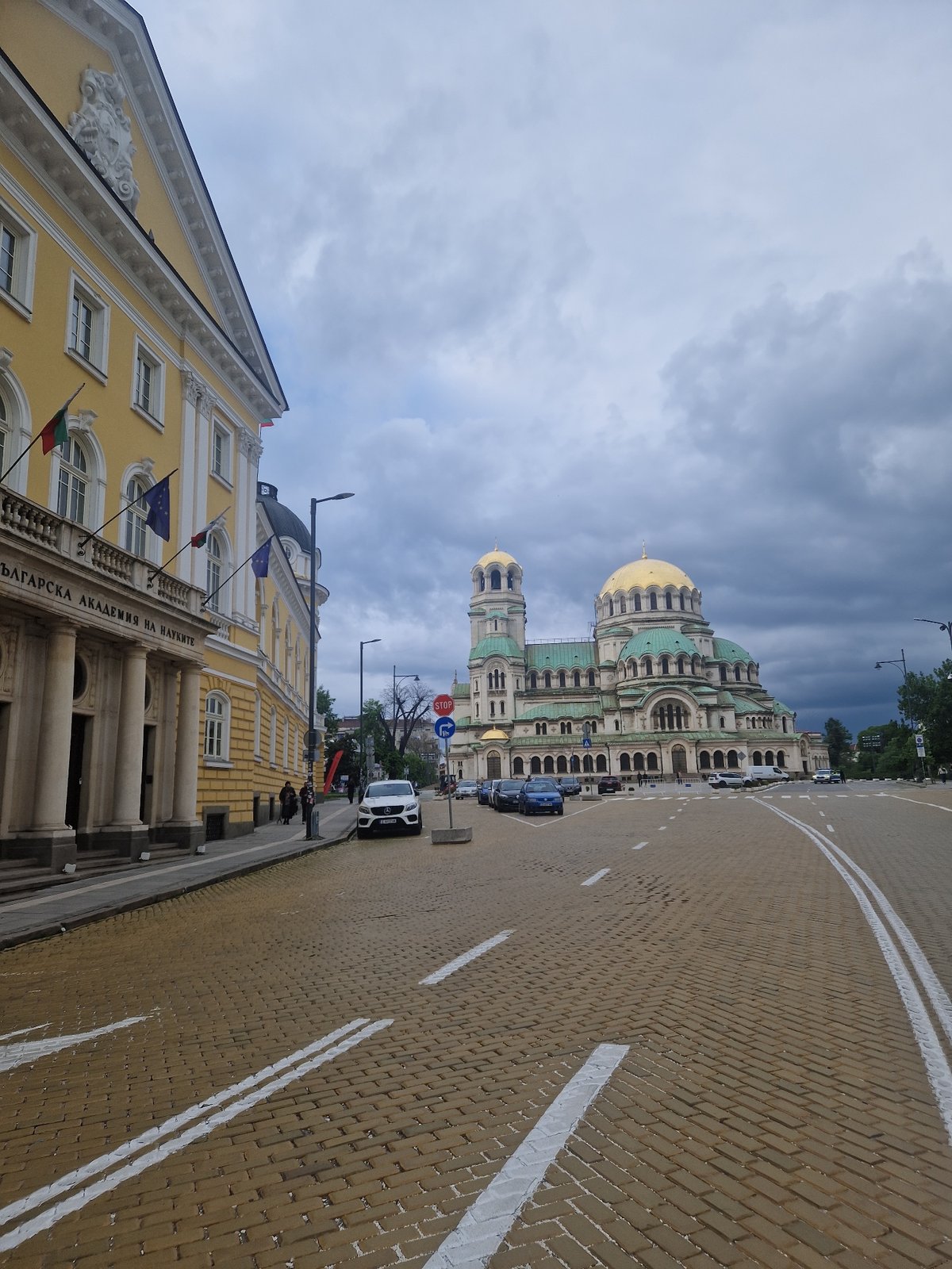 Public gathering with protest messaging near Sofia cathedral documented