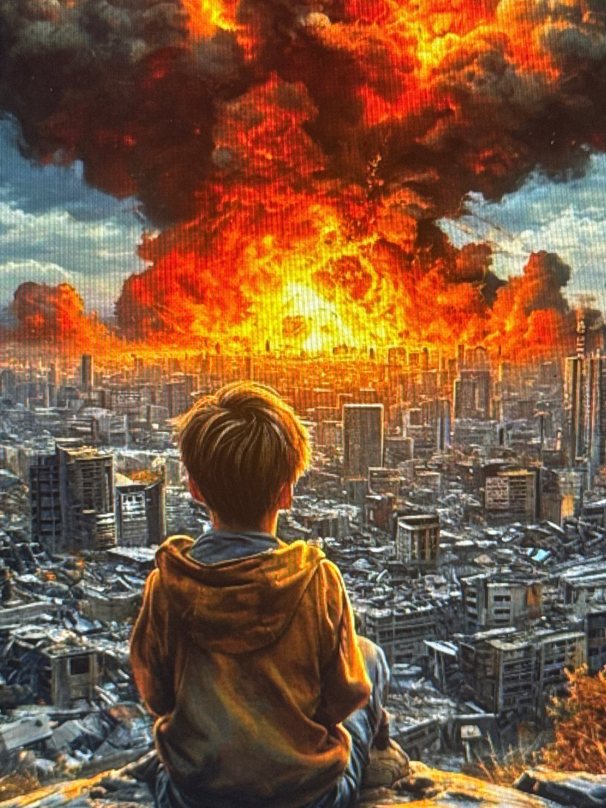 City engulfed in massive explosion, viewed from a distant hillside