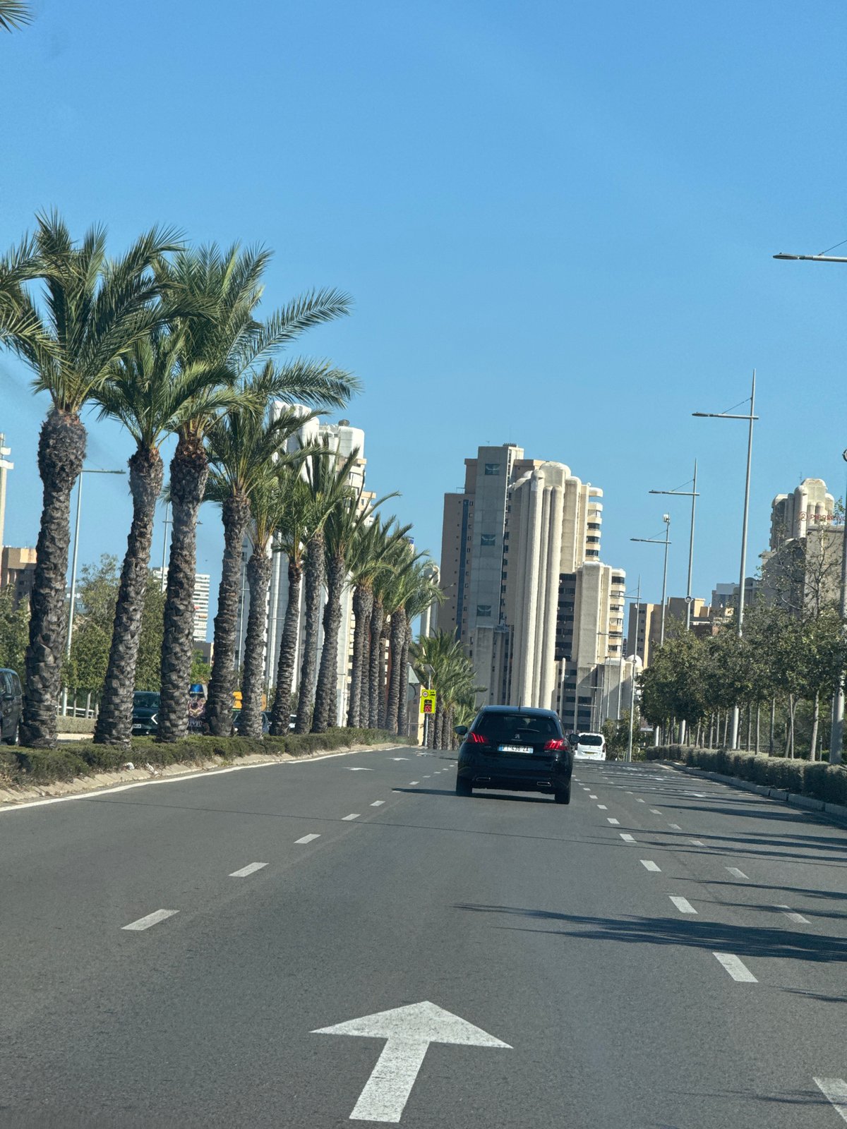 Benidorm's palm-lined boulevard on a sunny afternoon