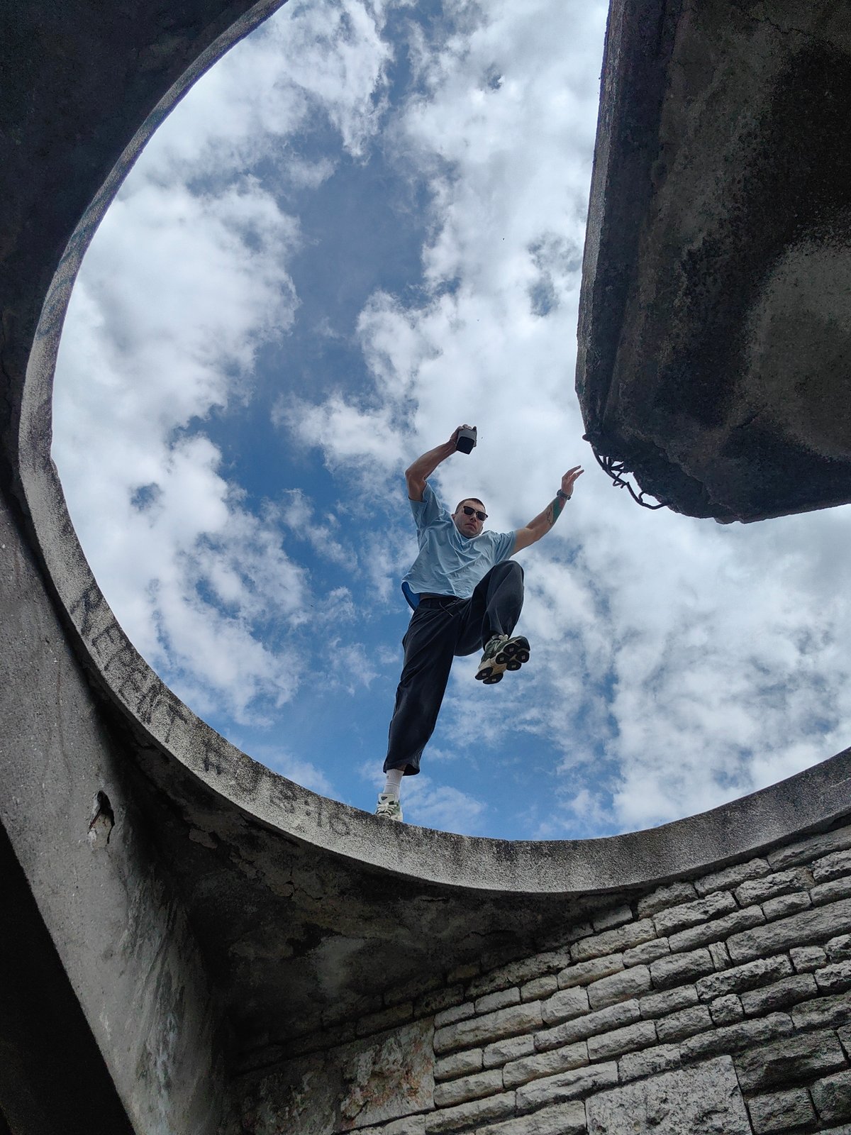 Man navigates concrete structures in Varna, Bulgaria