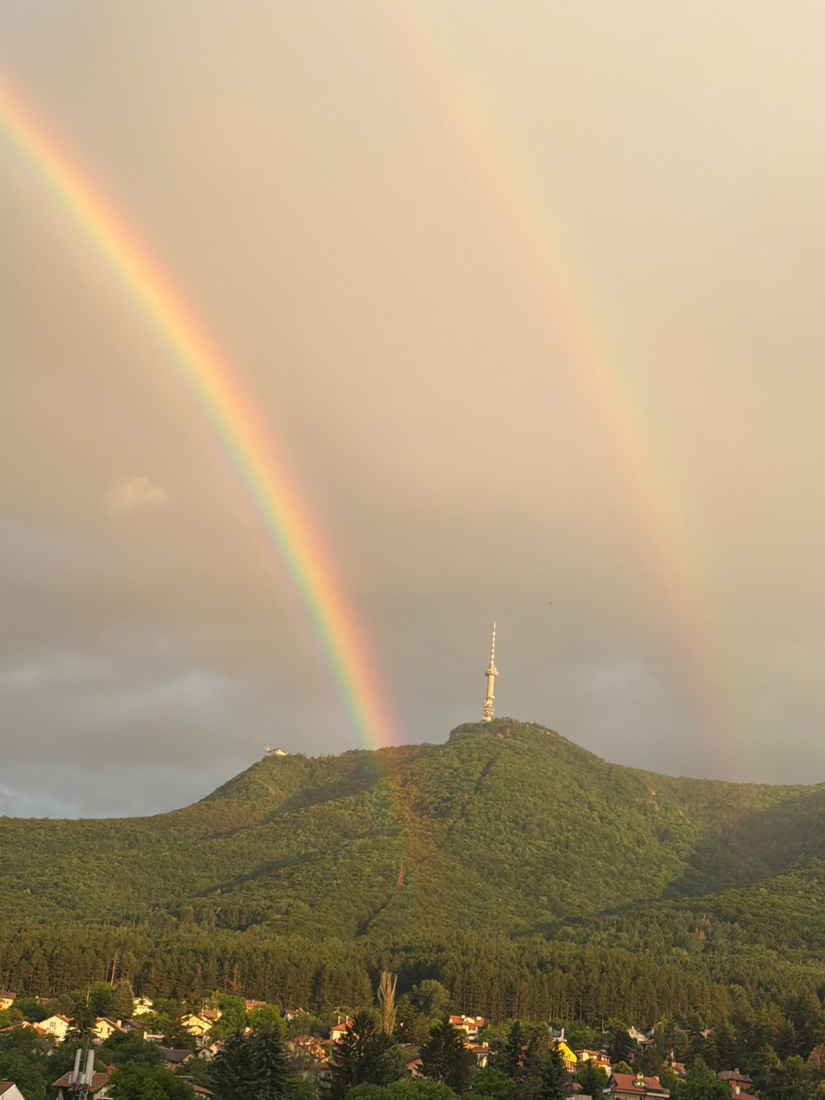 Double rainbow over Vitosha Mountain and Sofia's rooftops