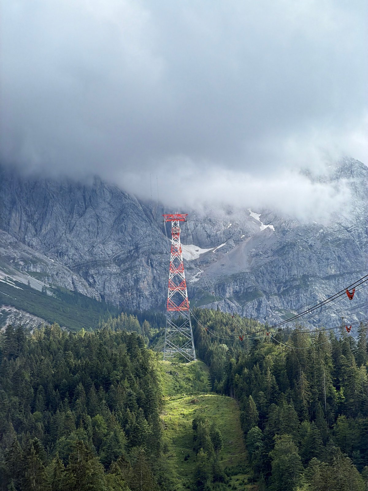 Cable car pylon and alpine panorama in Grainau, Bavaria