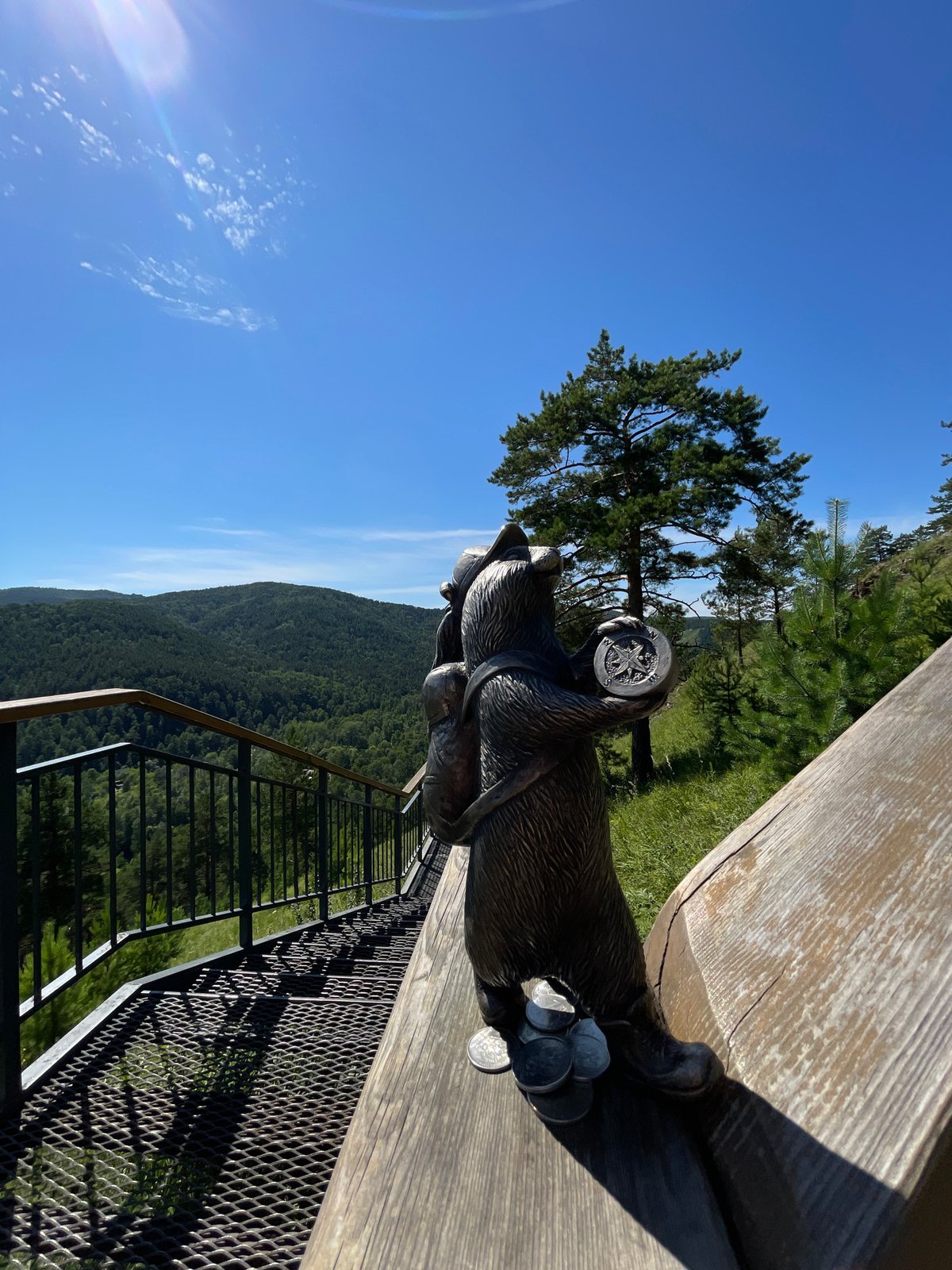 Bear statue and forest views from a Krasnoyarsk hillside overlook