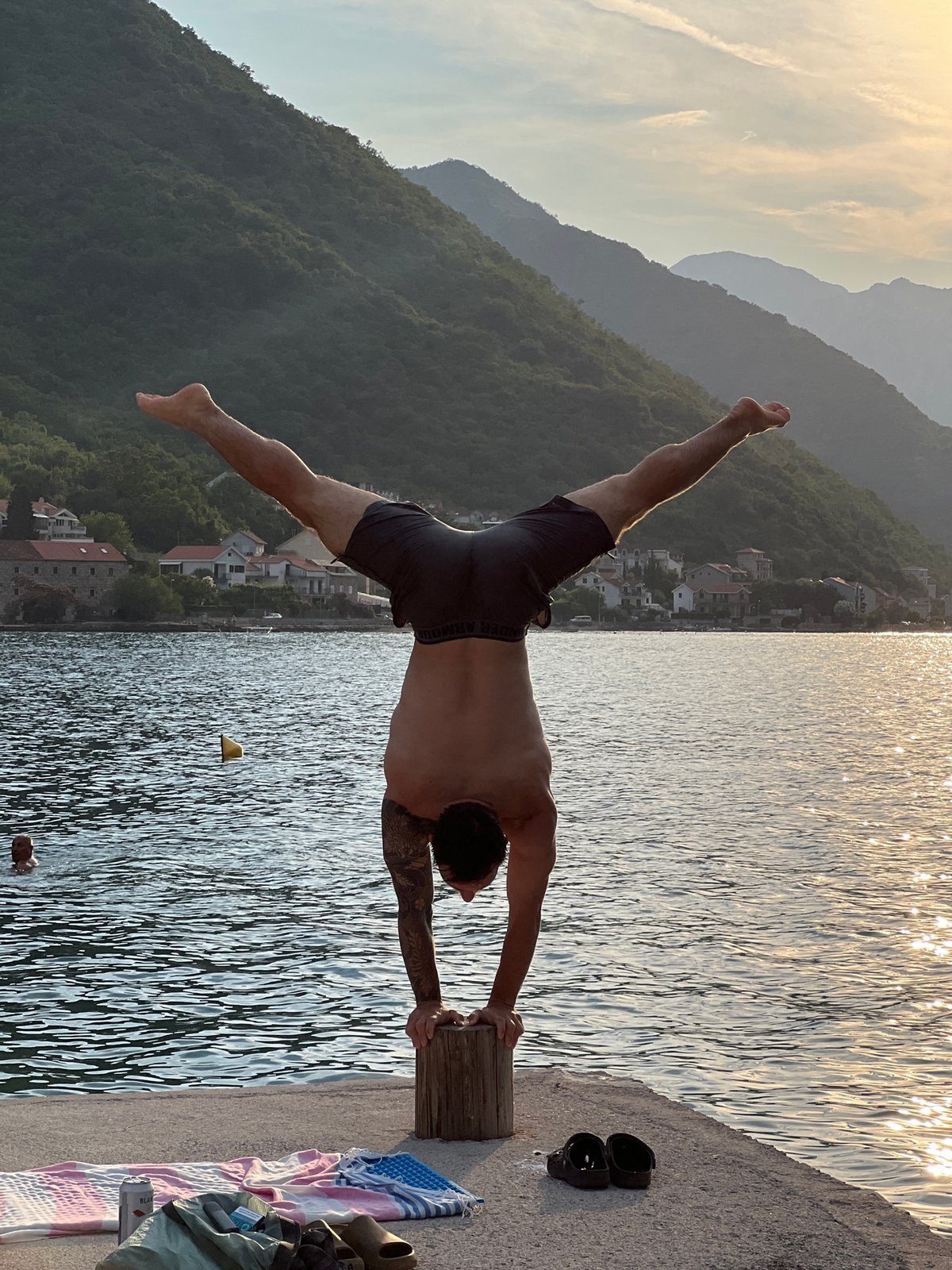 Pier tricks and jumps on the Bay of Kotor, Montenegro