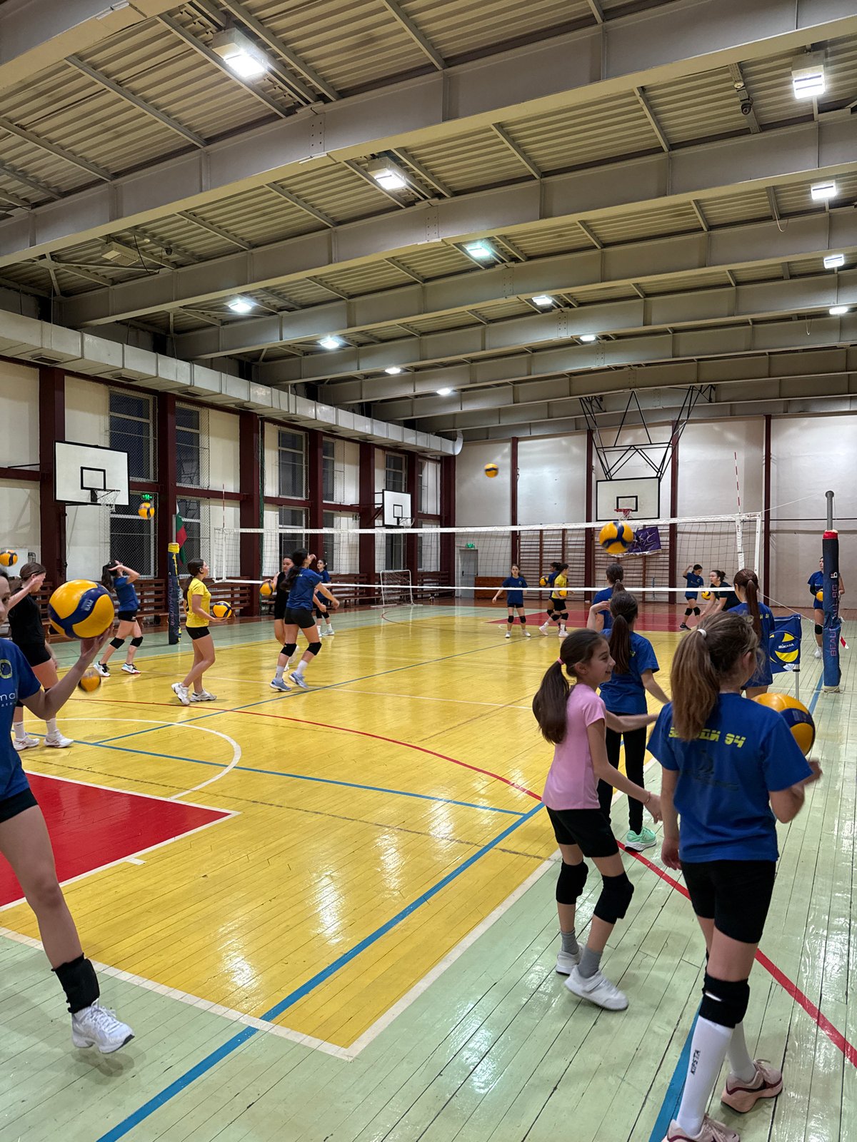 Volleyball practice session documented in Sofia gymnasium
