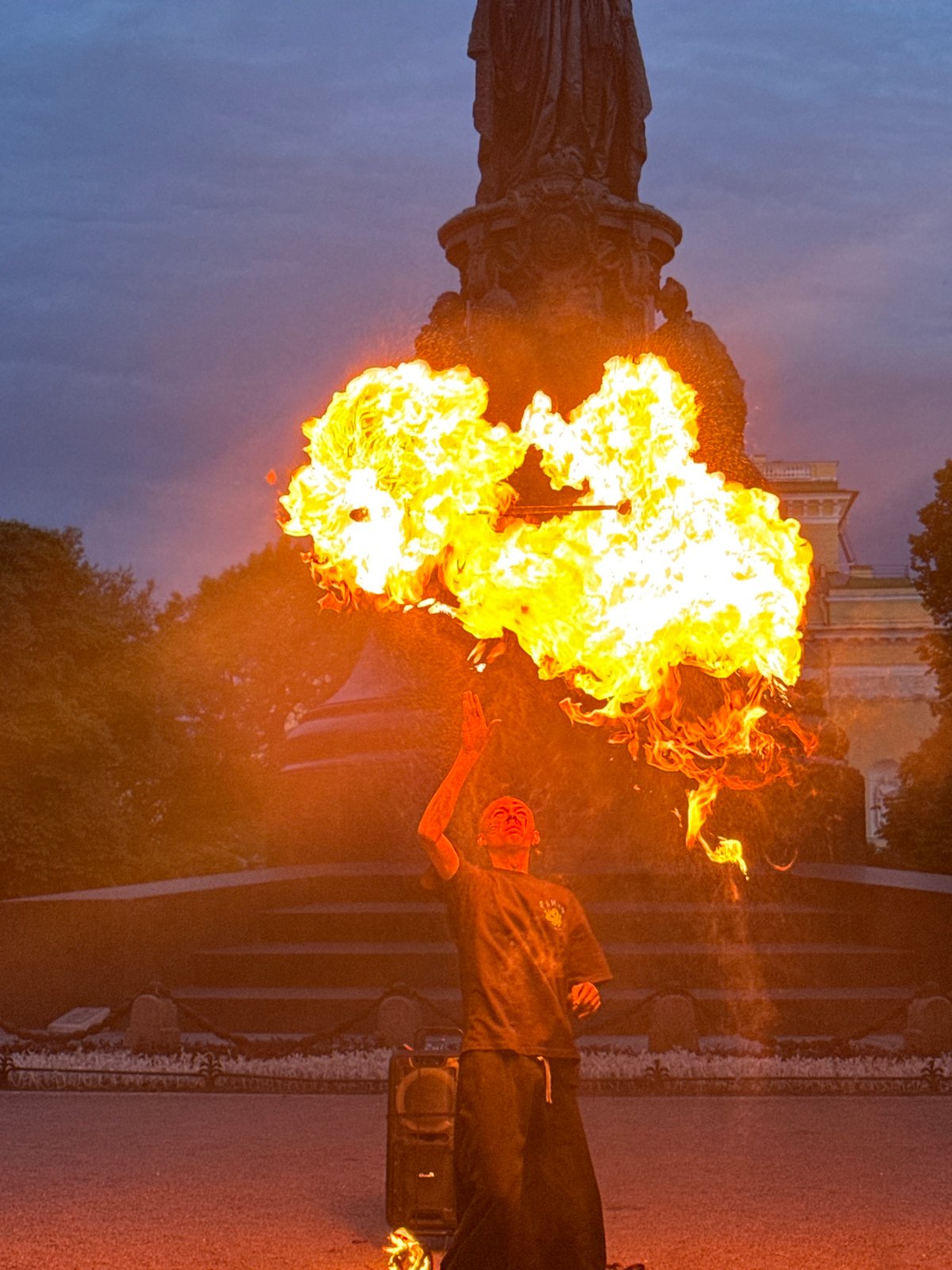 Fire dancers and breakdancers perform in Saint Petersburg streets