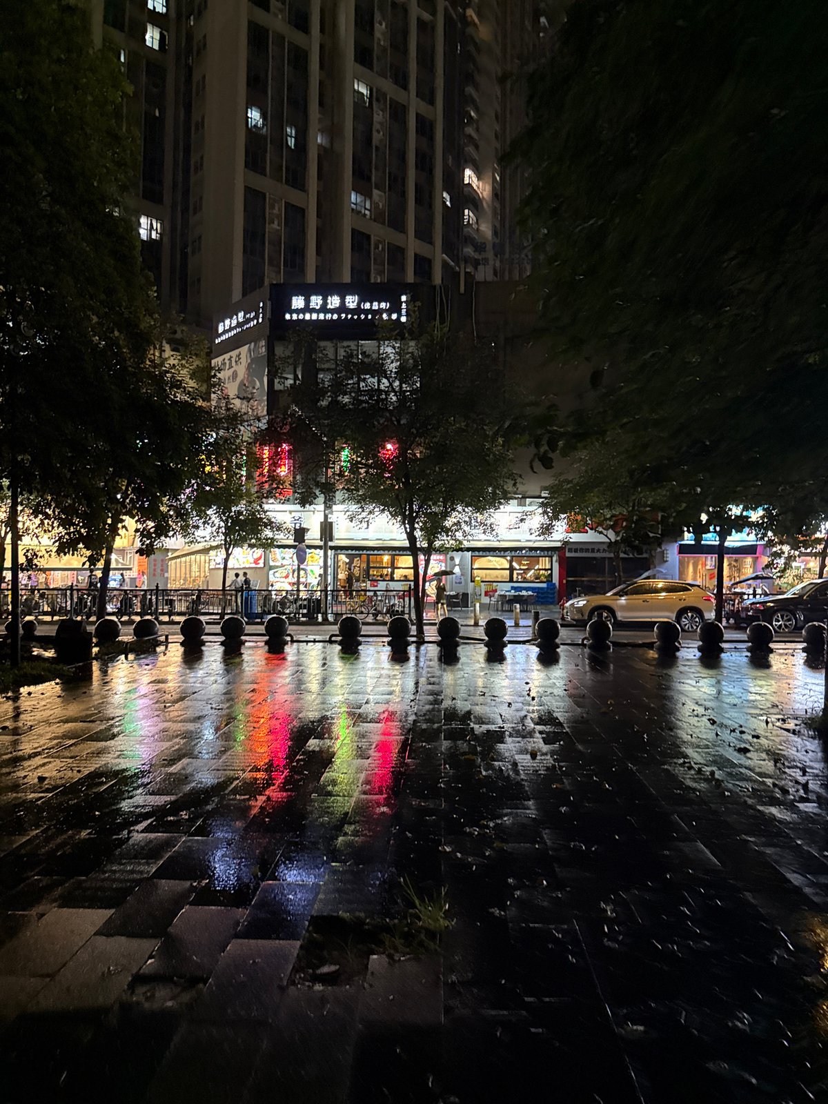 Rainy night on a neon-lit commercial street in Haizhu District