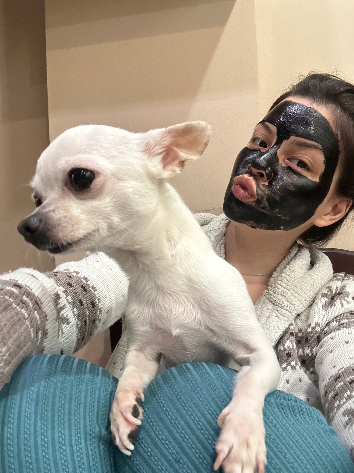 Woman relaxes with chihuahua during skincare routine in Bulgaria