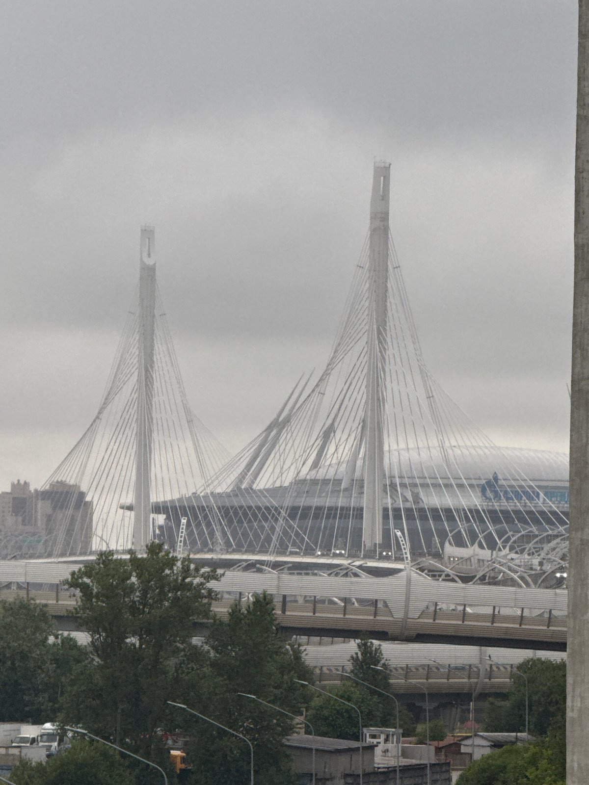St. Petersburg's modern waterfront on a foggy July afternoon