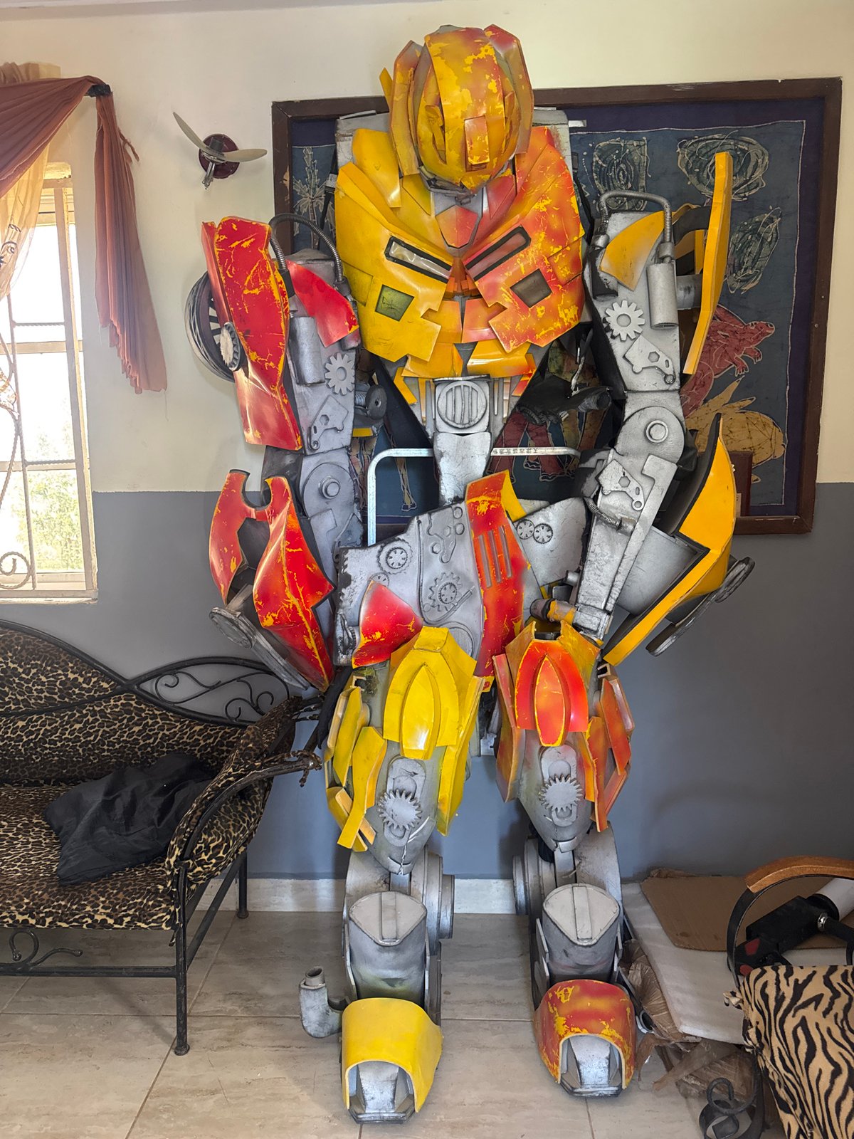 Transformer-style robot sculpture spotted partially assembled in Jos, Nigeria
