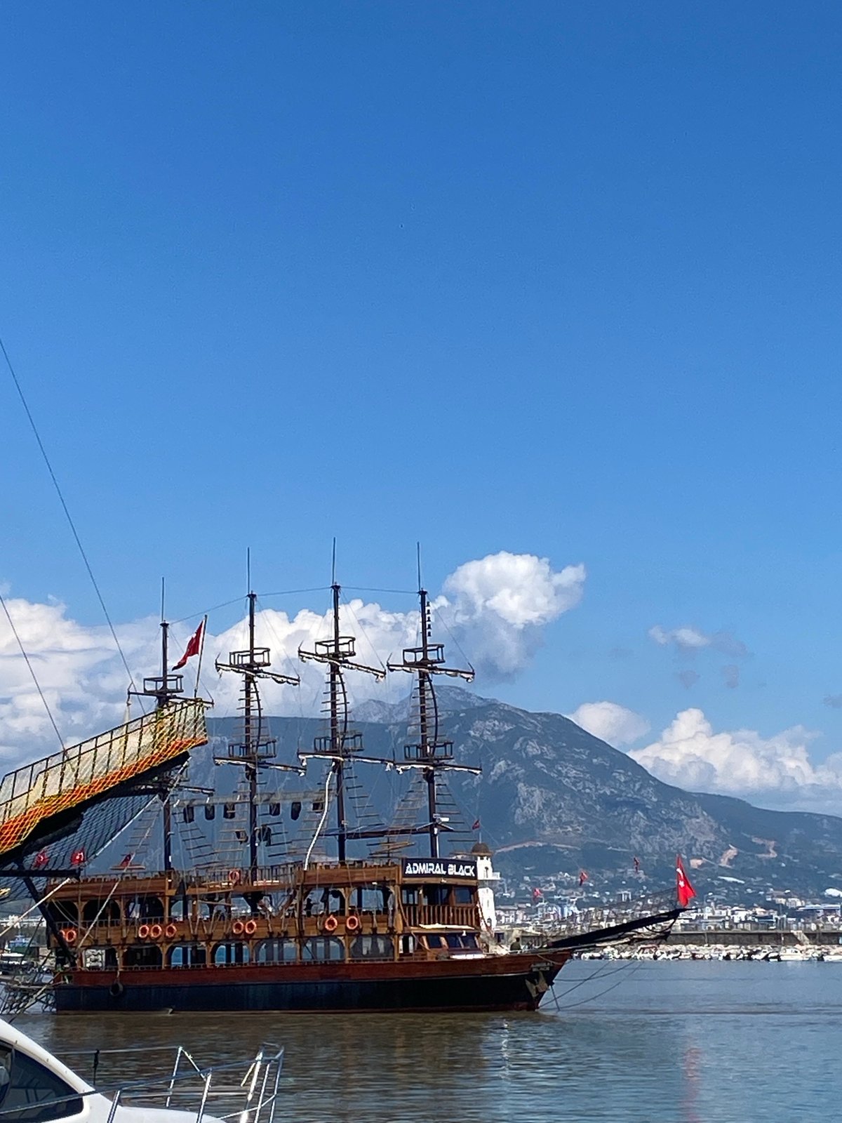 Themed tourist ships dock in Alanya harbor, Turkey