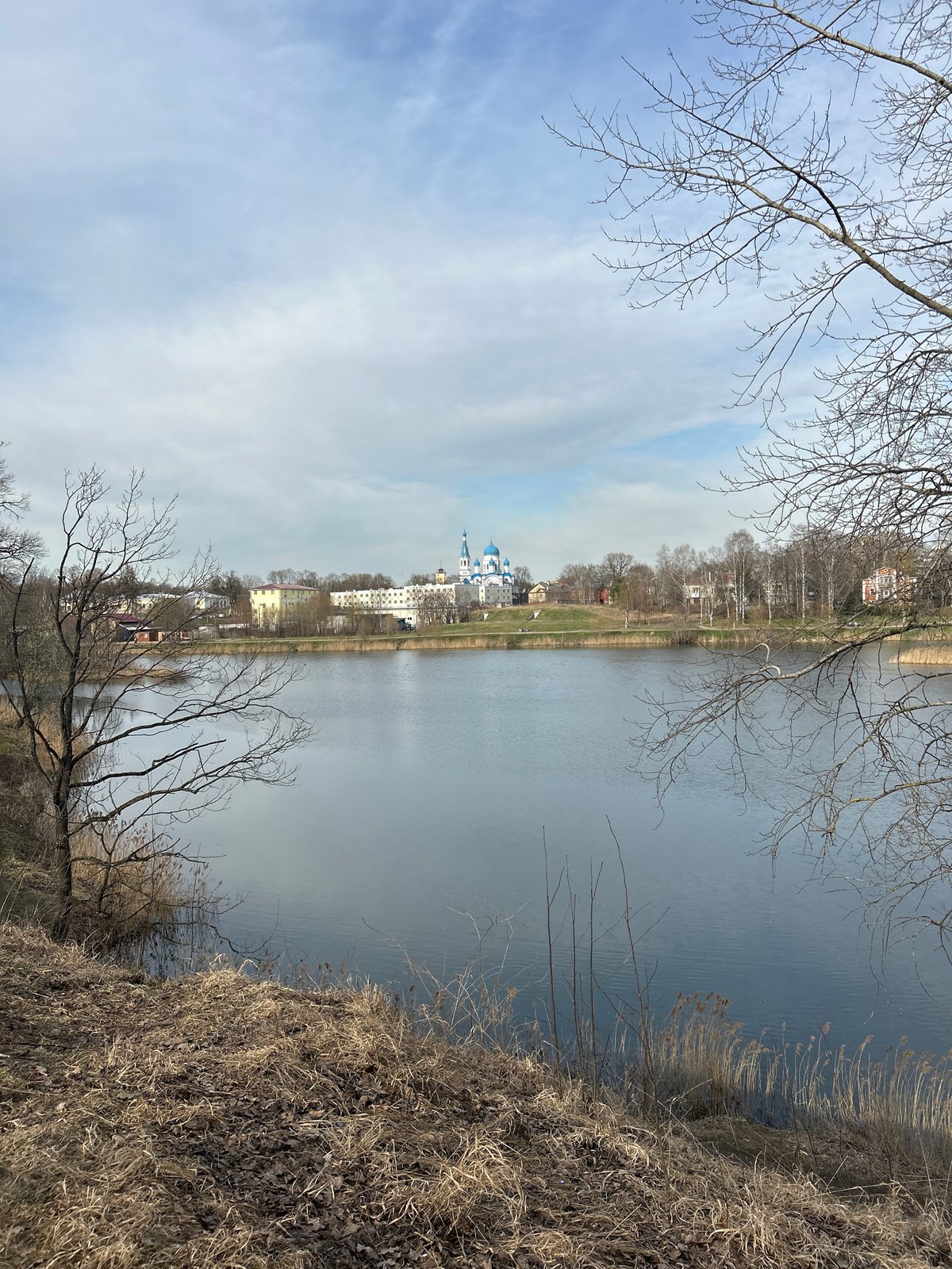 Spring park walk captures waterfront views, blooming flowers, urban architecture