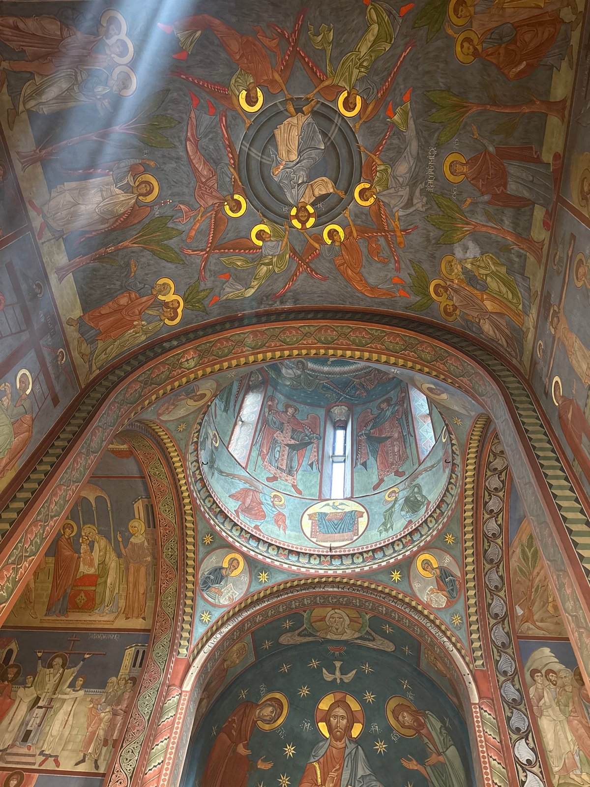Sunlight illuminates ancient frescoes inside Tbilisi Sioni Cathedral
