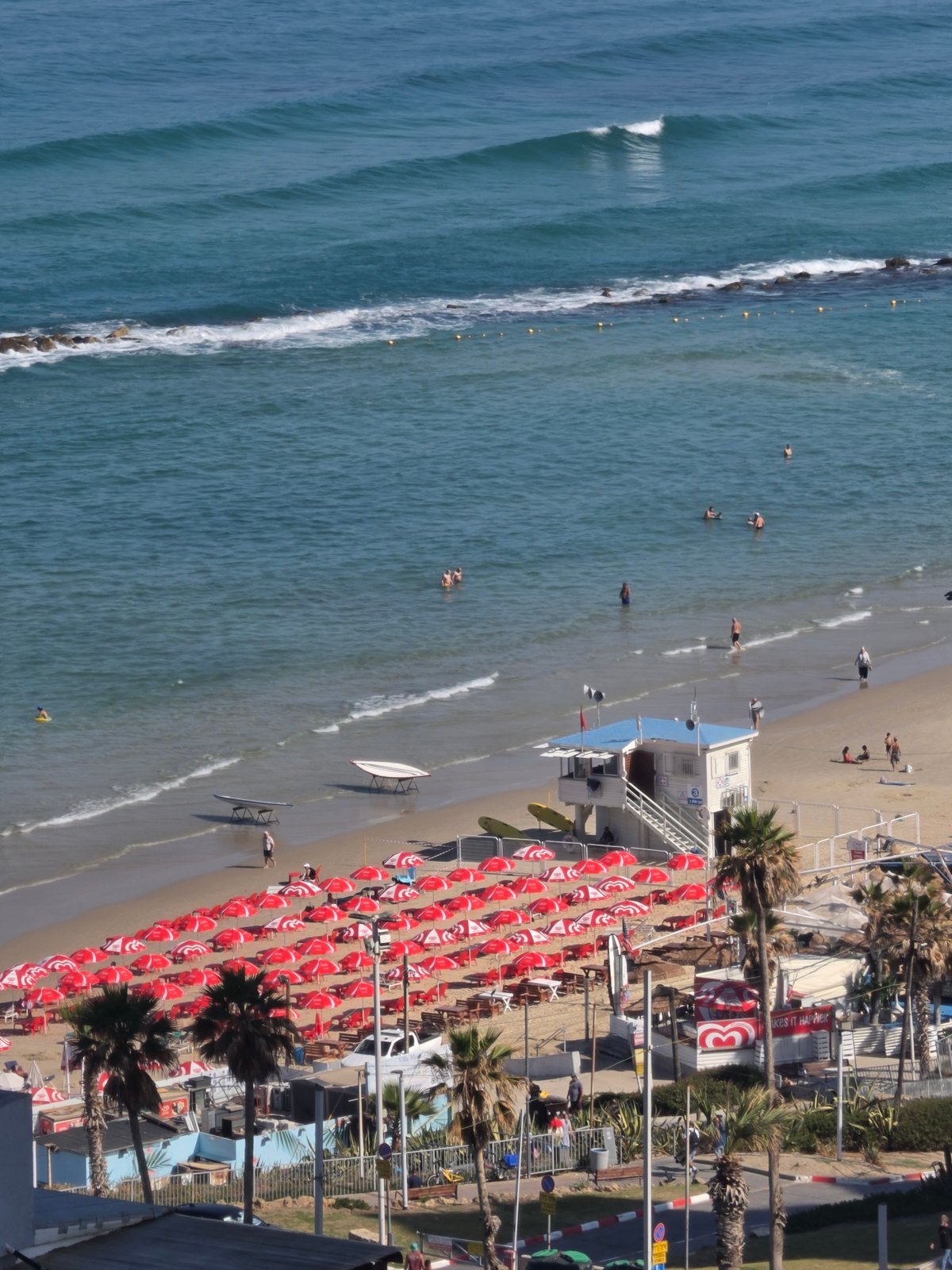 Aerial footage captures busy morning at Bat Yam beach