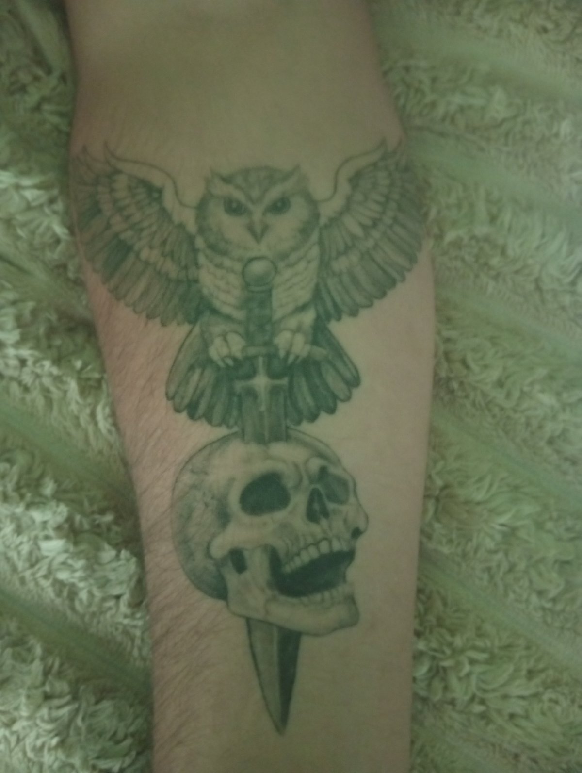 Owl, skull, and dagger tattoo close-up in Ukraine