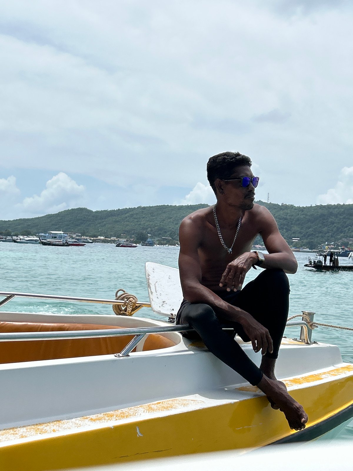 Crowded beach boat day off Ao Nang's shore