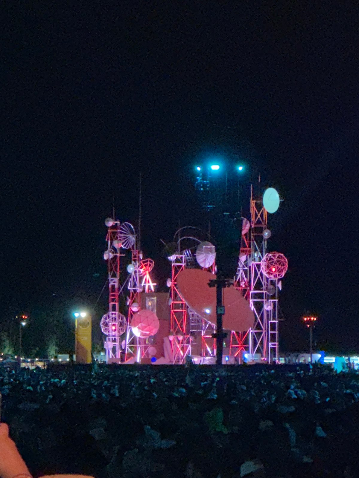 Illuminated temporary structure observed at night in Indio, California