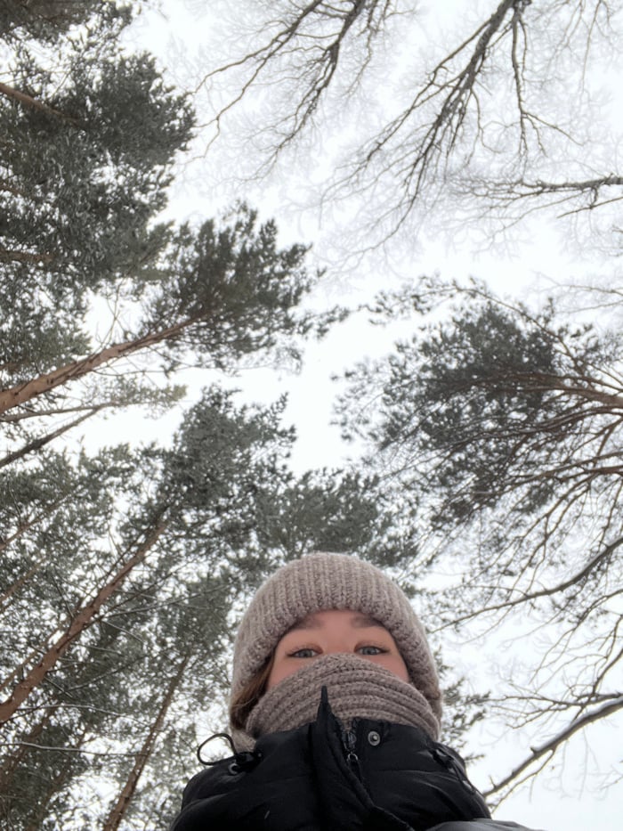 Dog walker enjoys snowy morning stroll in Krasnoyarsk forest