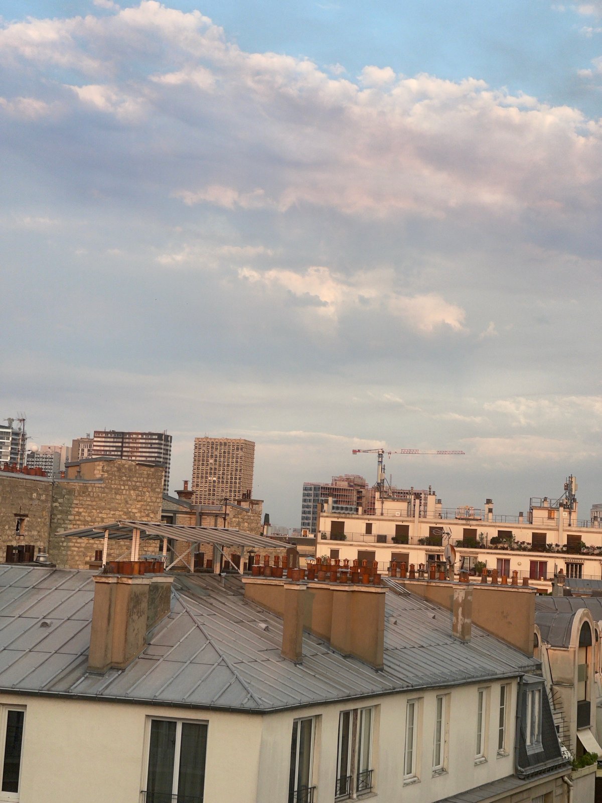 Paris rooftops glow under a July evening sky