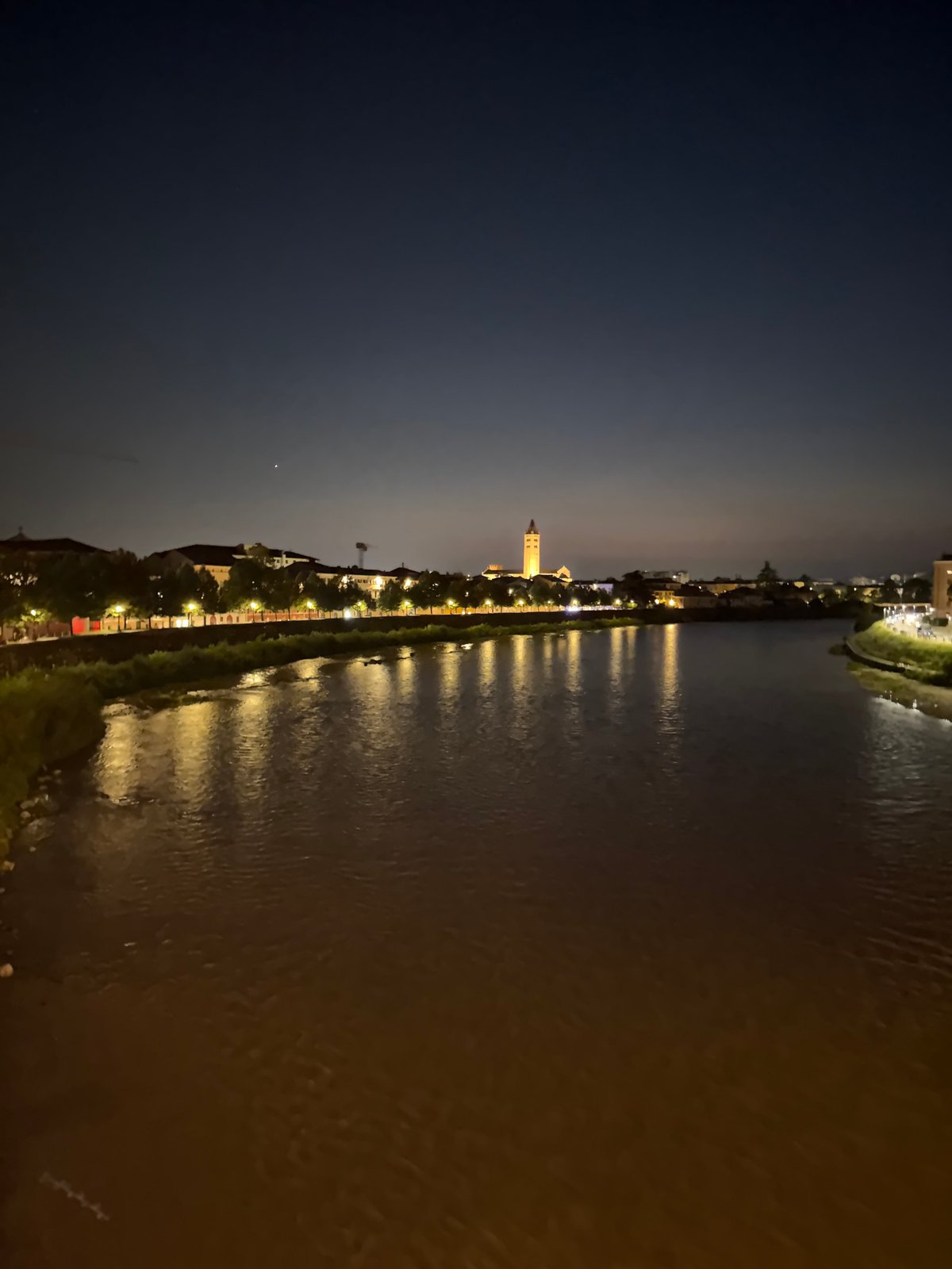 Adige River at night, Ponte Pietra and city lights