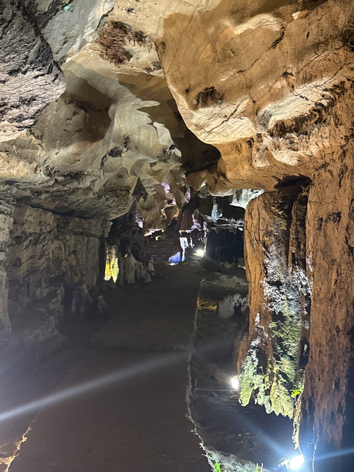 Underground cave system illuminated with artificial lighting and walkways documented
