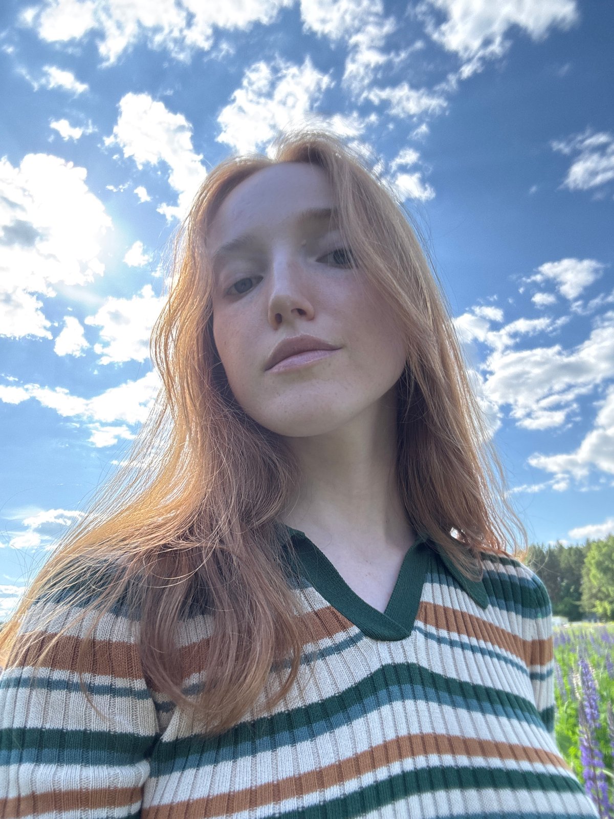 Woman photographs herself in lupine field in Chaikovsky, Russia