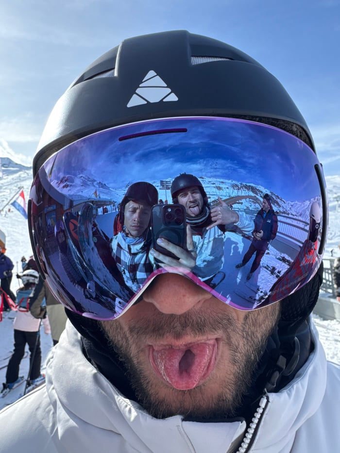 Skier dances inside ski lift in French Alps