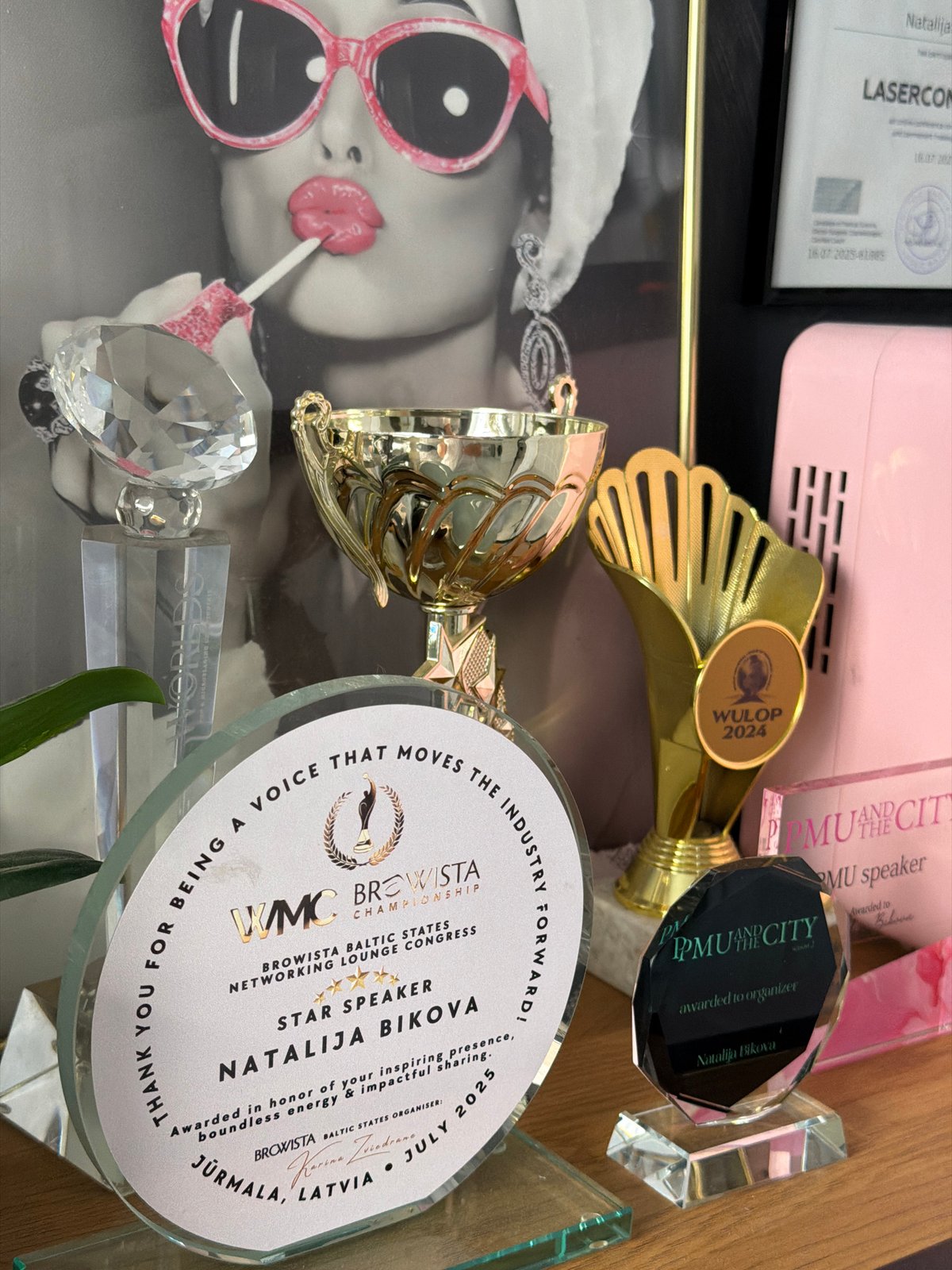 Awards display arranged on glass table in Riga