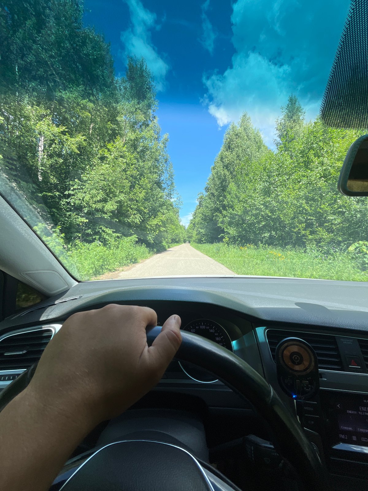 Driver travels tree-lined road in Vasilyevo under clear skies