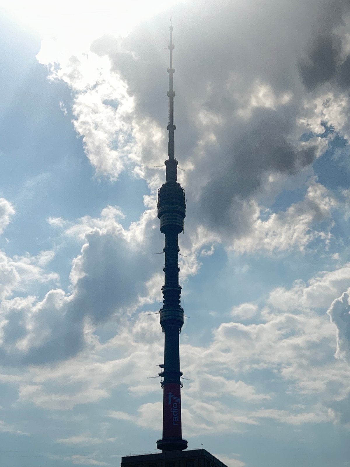 Moscow radio tower observed under cloudy skies