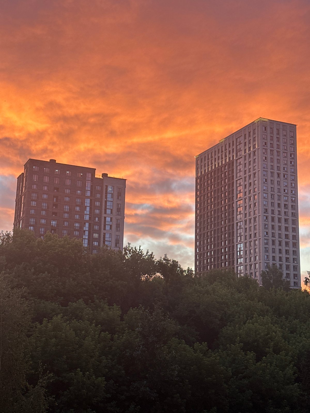 Novosibirsk apartment towers under a blazing summer sunset
