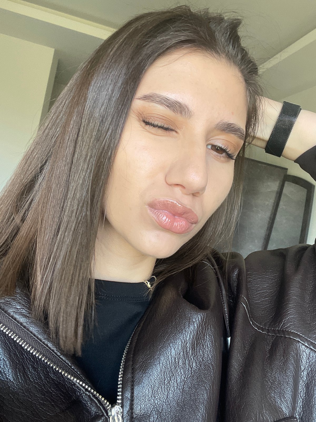 Woman in leather jacket photographed multiple times in Sofia