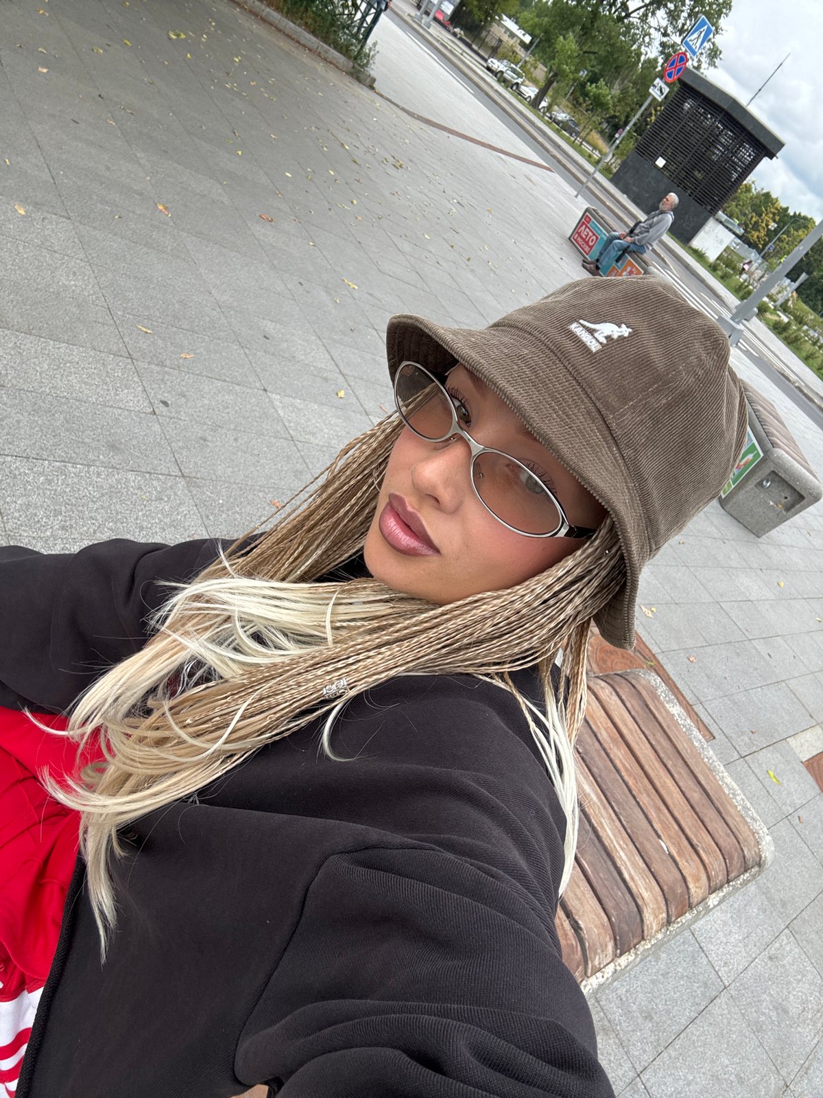 Sitting on a bench in Moscow, outfit details top to bottom