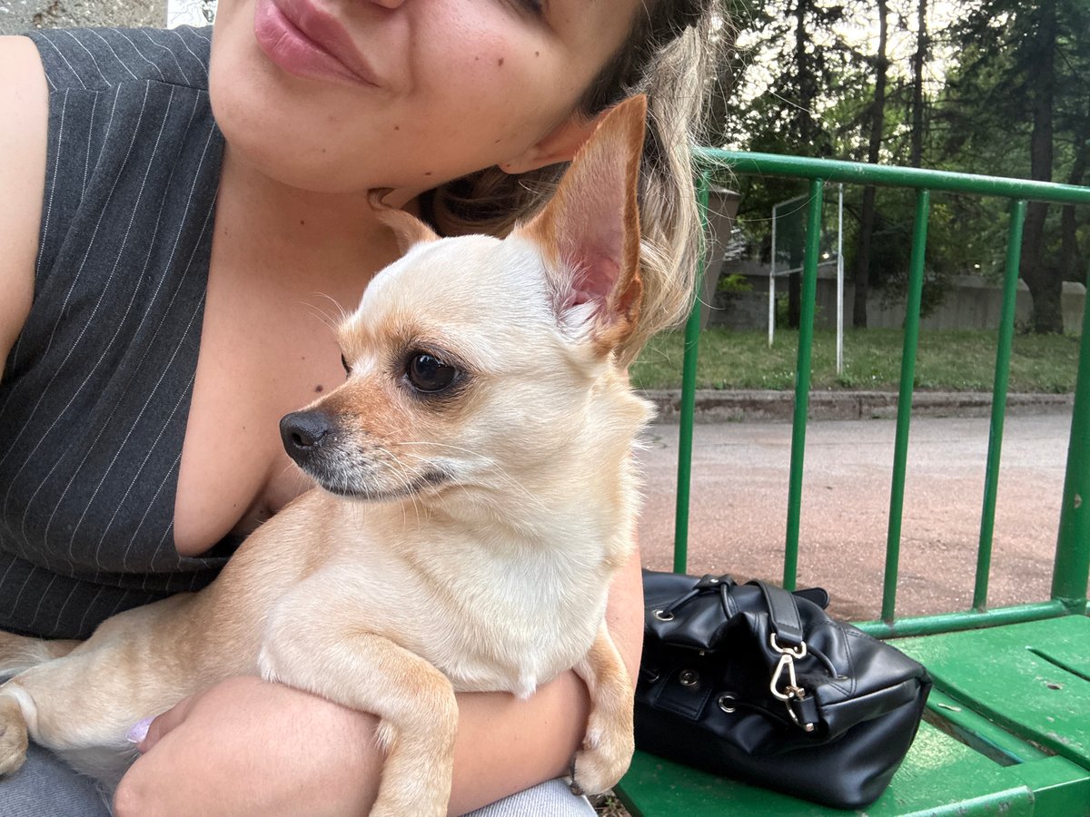 Woman takes selfies with Chihuahua on Sofia park bench