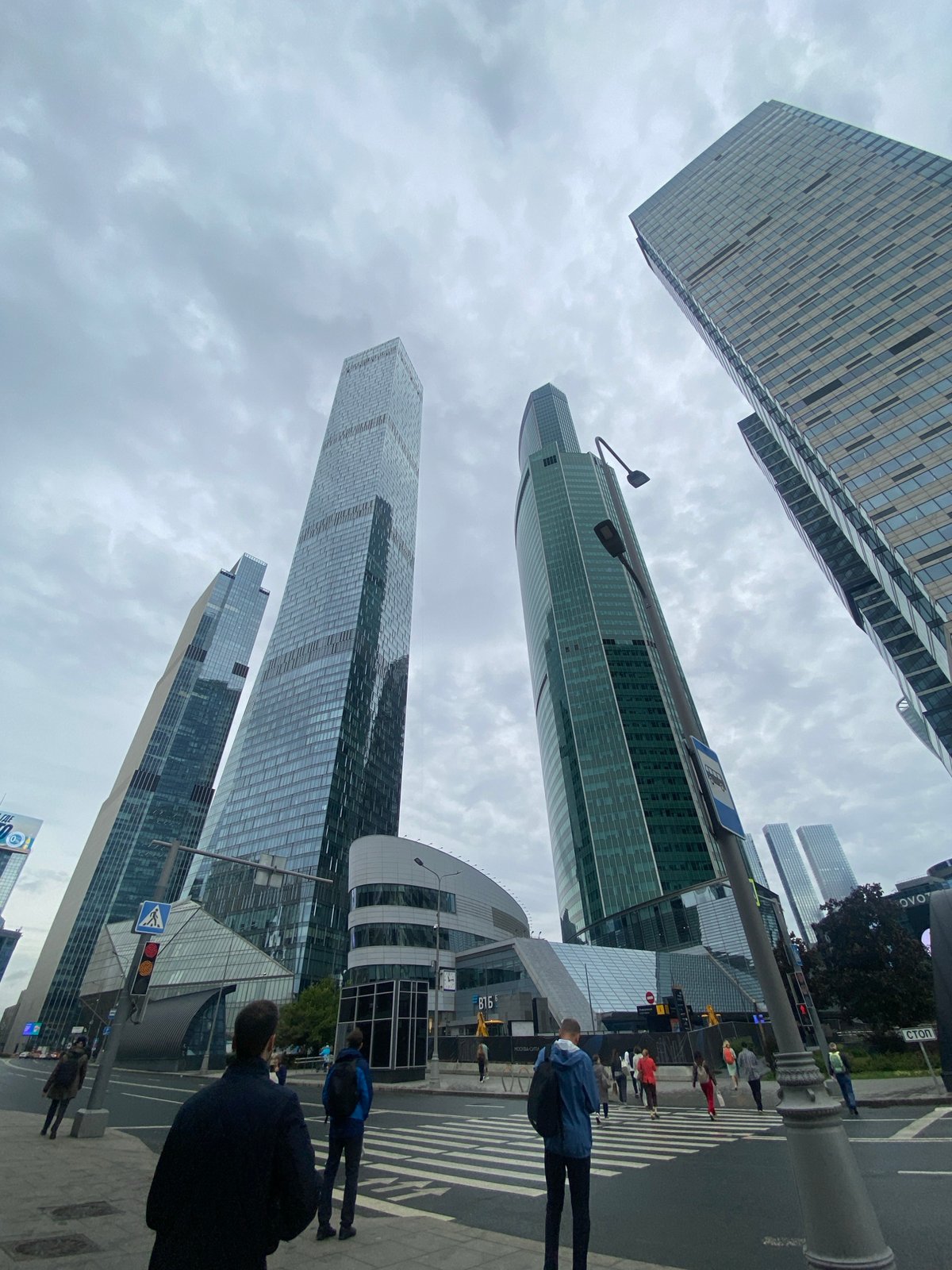 Modern glass towers rise under cloudy skies in Khimki