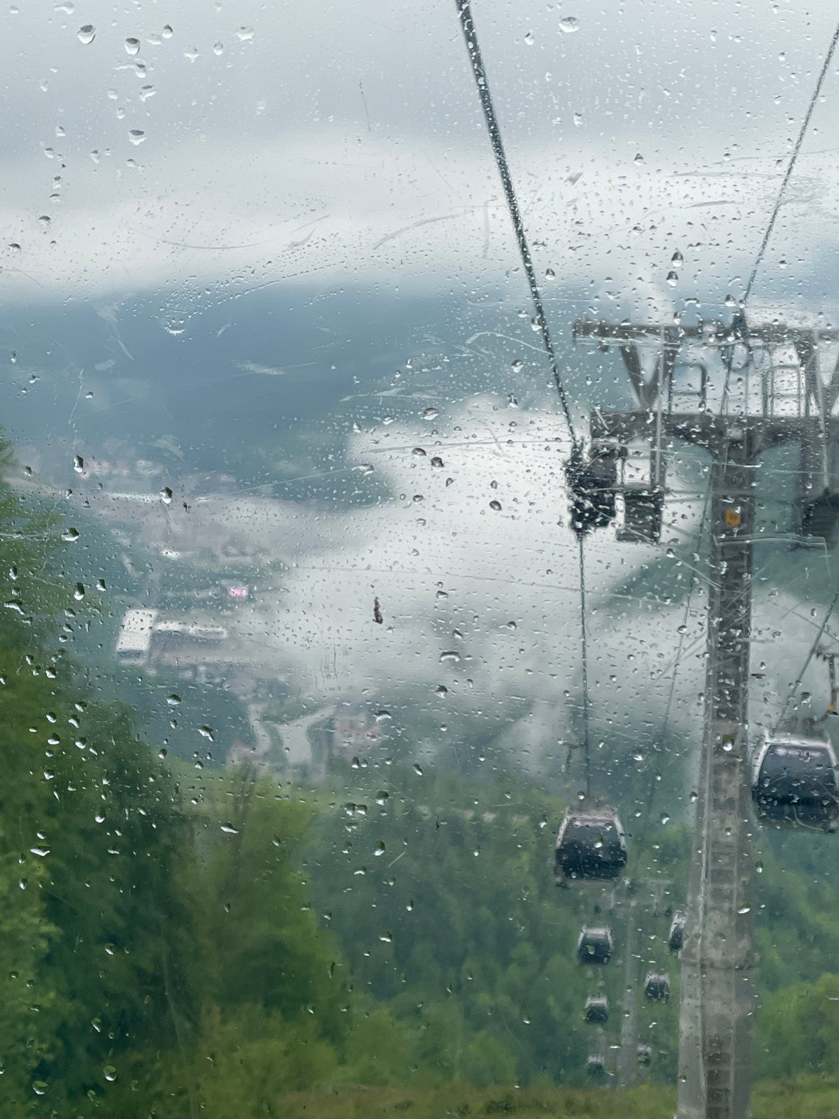 Gondola rider documents rainy foggy conditions in Estosadok