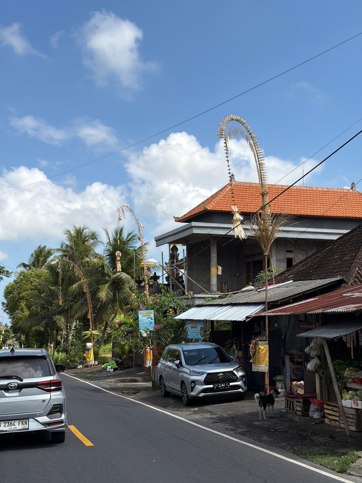 Street life and temple architecture along a Tampaksiring road