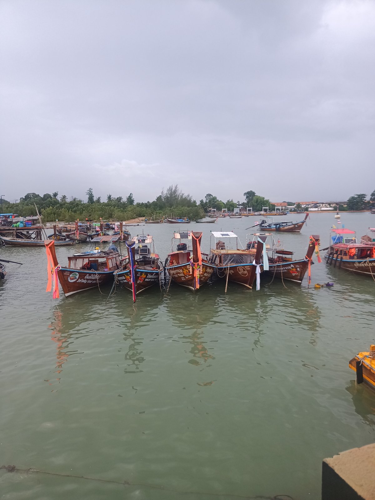 Traditional longtail boats dock at Thailand harbor under gray skies