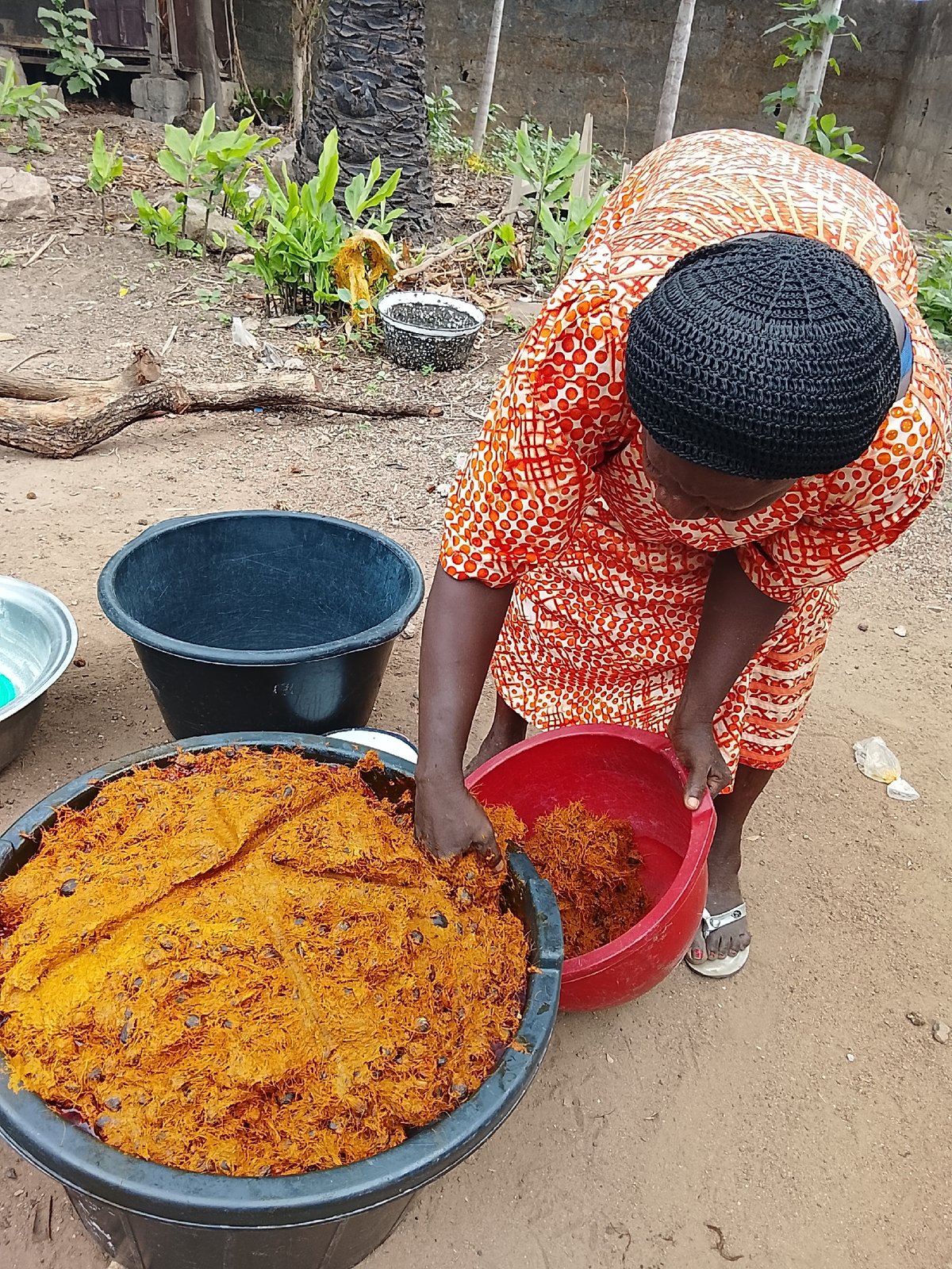 Woman in orange dress performs outdoor task
